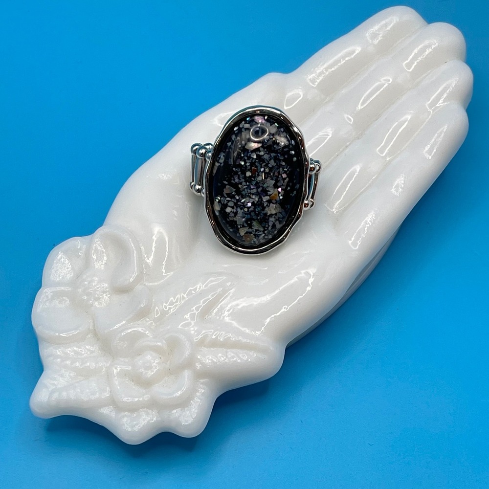 Oval Ring Black Silver Tone‎ Faux Druzy Confetti Stretch Band Statement Boho